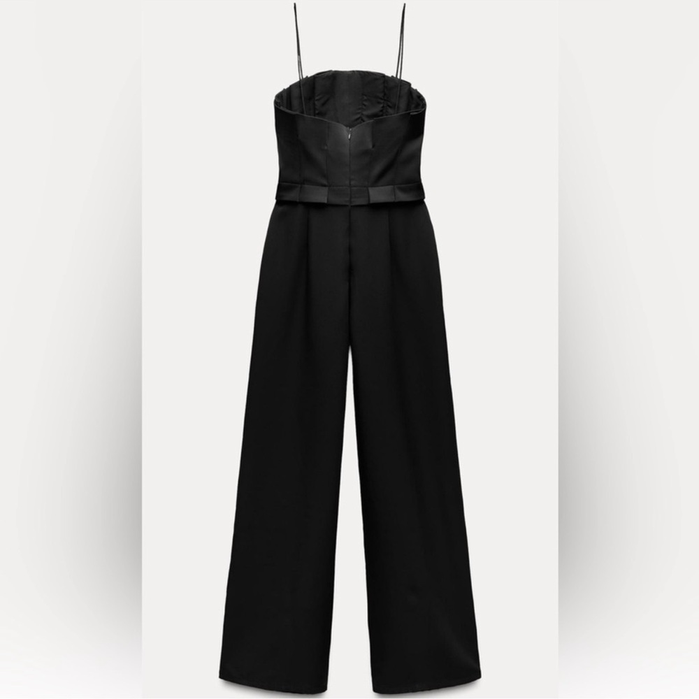 ZARA WIDE-LEG CREPE JUMPSUIT BLACK SIZE M NWOT - Picture 2 of 13
